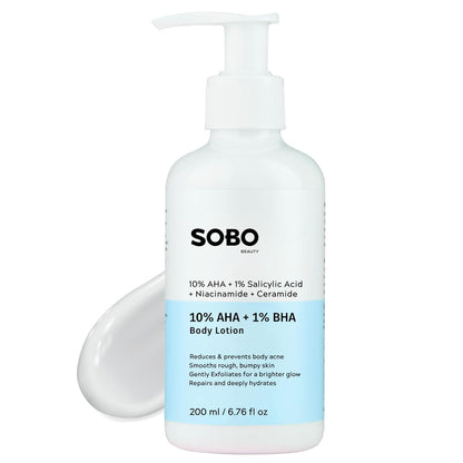 SOBO BEAUTY 10% AHA + 1% BHA Body Lotion | Glycolic Acid 5%, Lactic Acid 5% & Salicylic Acid 1% | For Strawberry Skin, Tan & Uneven Texture | 200 ml | Perfumed