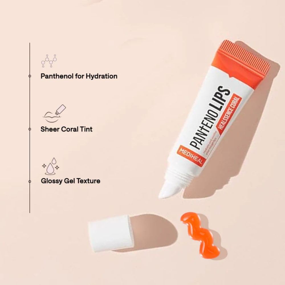 MEDIHEAL Pantenolips Healssence (10 ml, Coral) Hydrating Korean Treatment for lips with Panthenol & Shea Butter for Dry Chapped Lips, Moisturizing Nourishing lip Treatment, Glossy Lip Care
