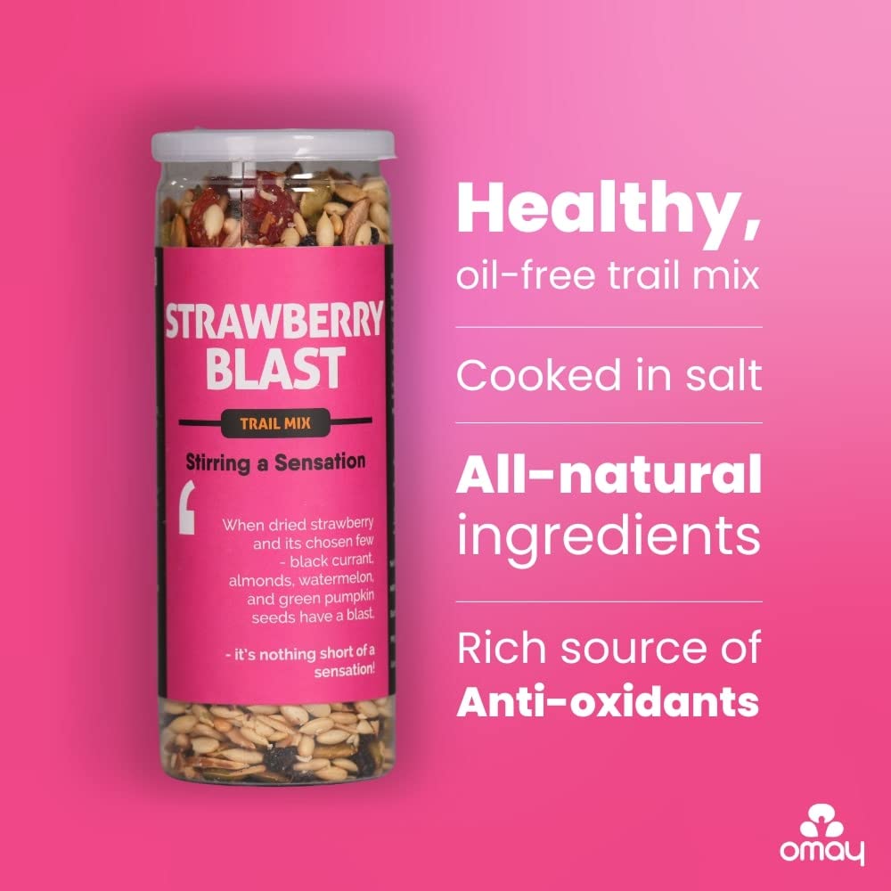 Omay Foods Strawberry Blast Trail Mix, 160g Jar | Dried Strawberry and Black Currant | Roasted Almonds, Pumpkin and Watermelon Seeds | Antioxidant Rich | Healthy Snack | Seeds and Berries Mix