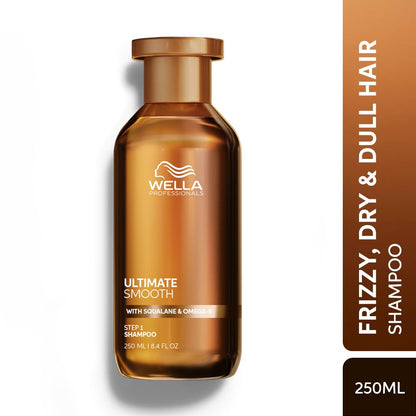 Wella shampoo bottle for frizzy, dry, and dull hair on a white background