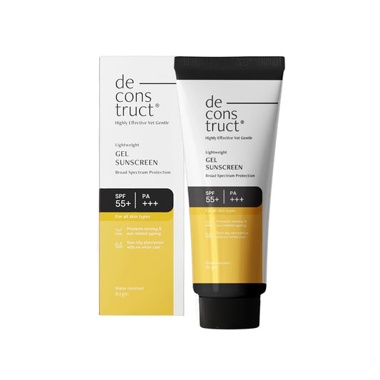 Tube and packaging of de construct sunscreen on a white background