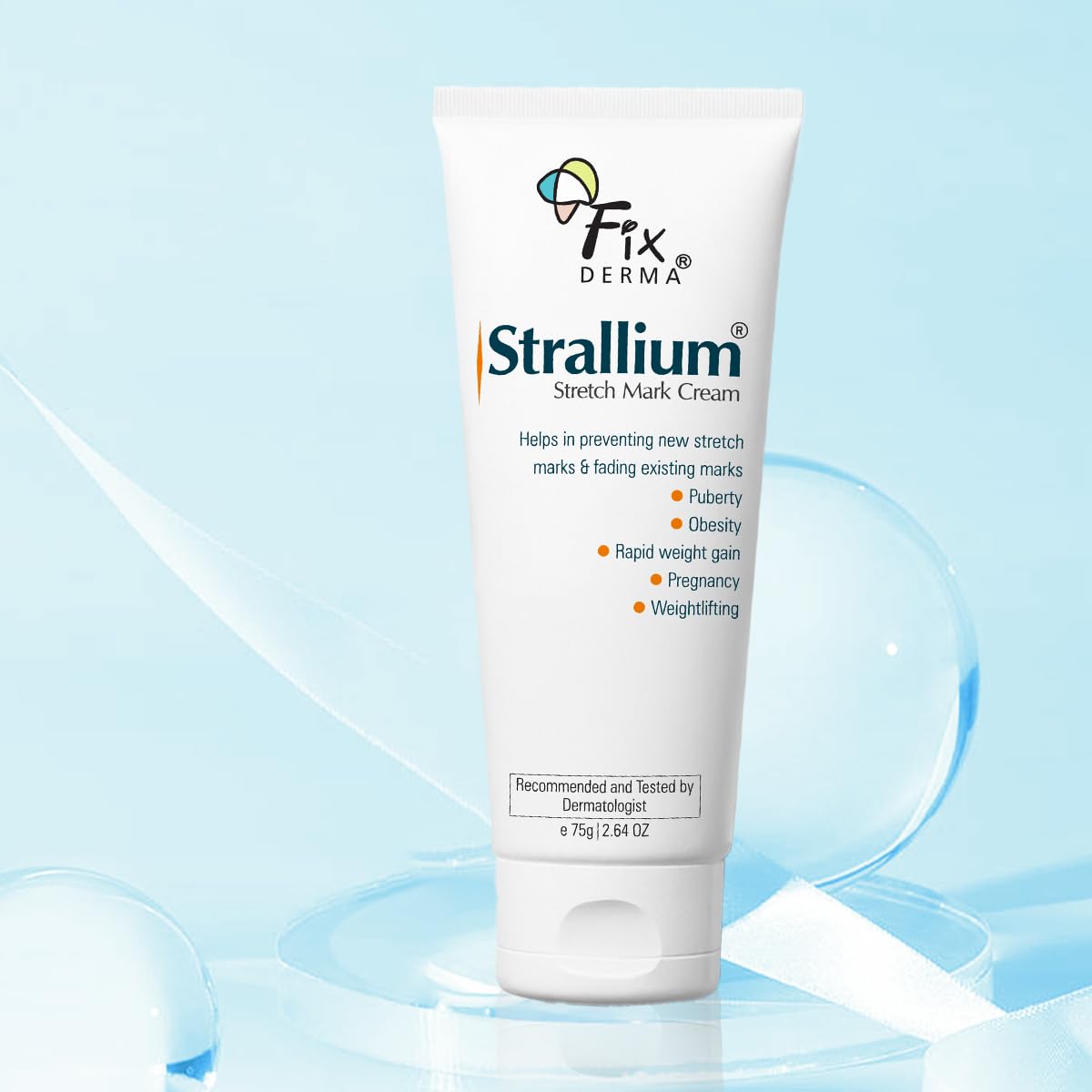 Strallium stretch mark cream tube on a light blue background