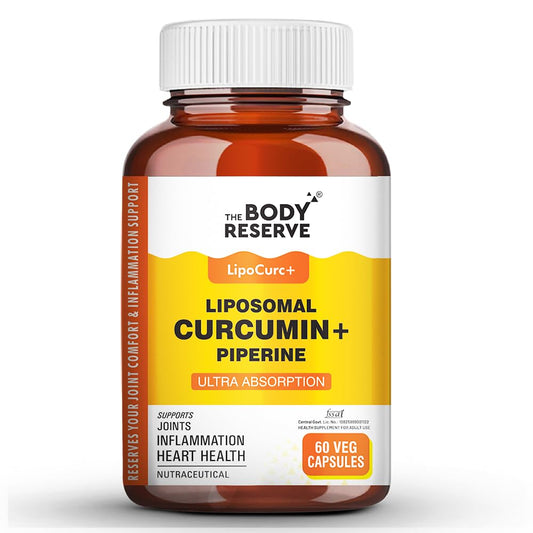 Bottle of The Body Reserve LipoCurc+ with Curcumin and Piperine on a white background