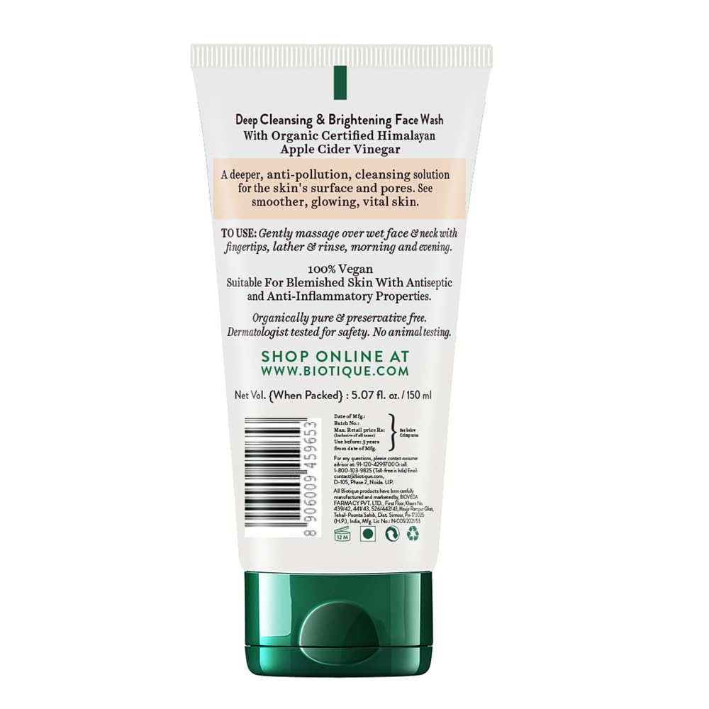 Biotique Apple Cider Vinegar Deep Cleansing Face Wash for All Skin Types, 150ml | Deep Cleansing & Exfoliation | 100% Botanical Extracts