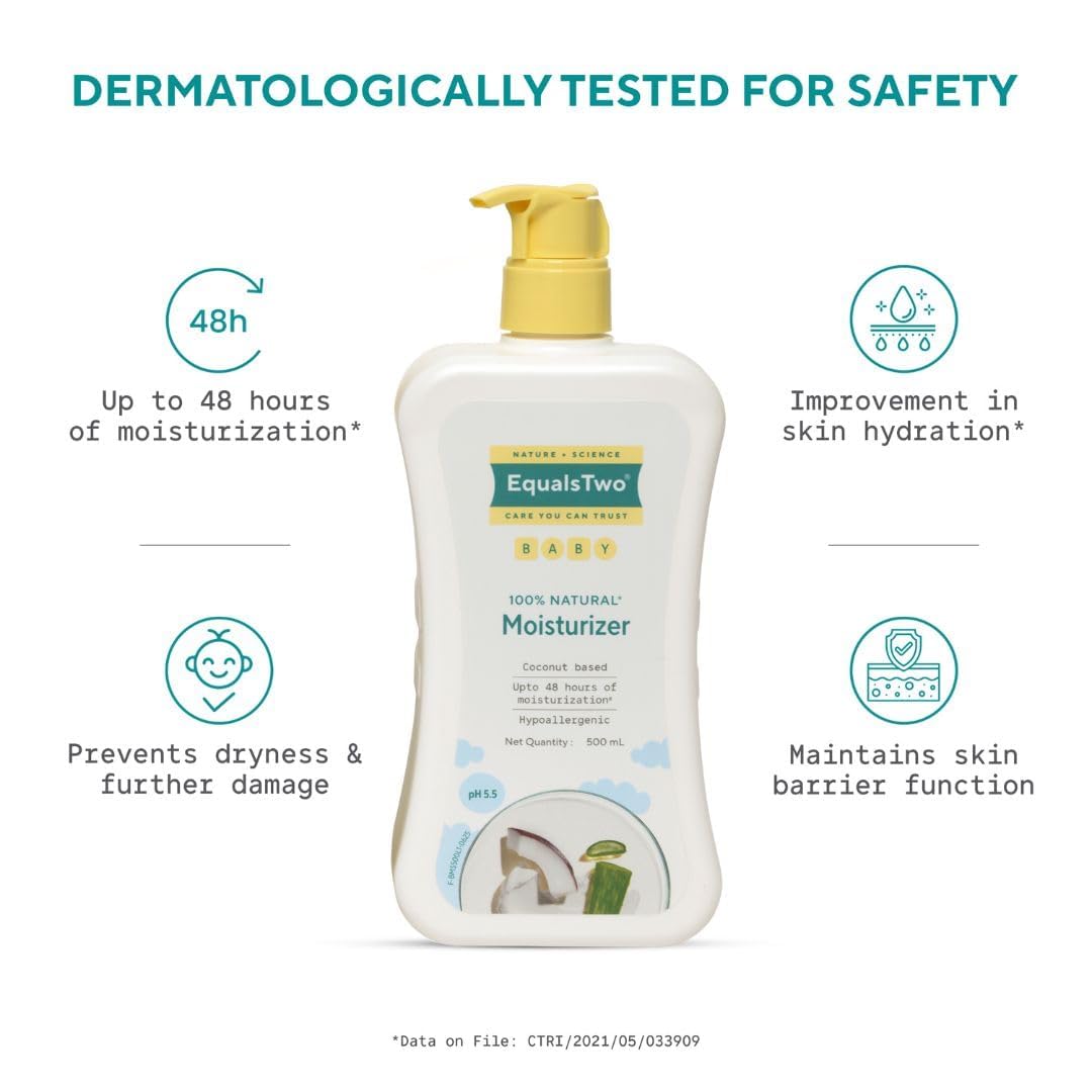 EQUALSTWO by Zydus Baby Moisturizer, 500ml, 100% Natural Coconut based Daily Baby Skin Care Body Lotion for Nourishing Skin, All Skin Types, PH 5.5, Dermatalogically Tested, No Parabens No Sulphates, (Pack 1)
