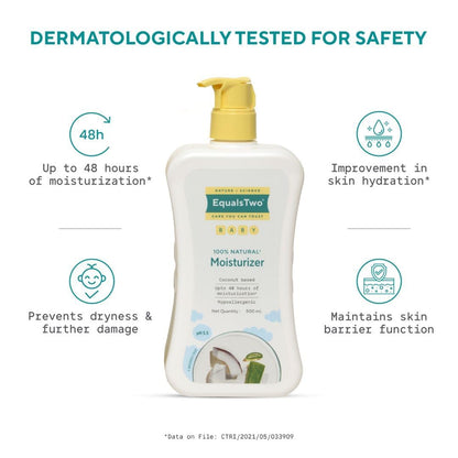 EQUALSTWO by Zydus Baby Moisturizer, 500ml, 100% Natural Coconut based Daily Baby Skin Care Body Lotion for Nourishing Skin, All Skin Types, PH 5.5, Dermatalogically Tested, No Parabens No Sulphates, (Pack 1)
