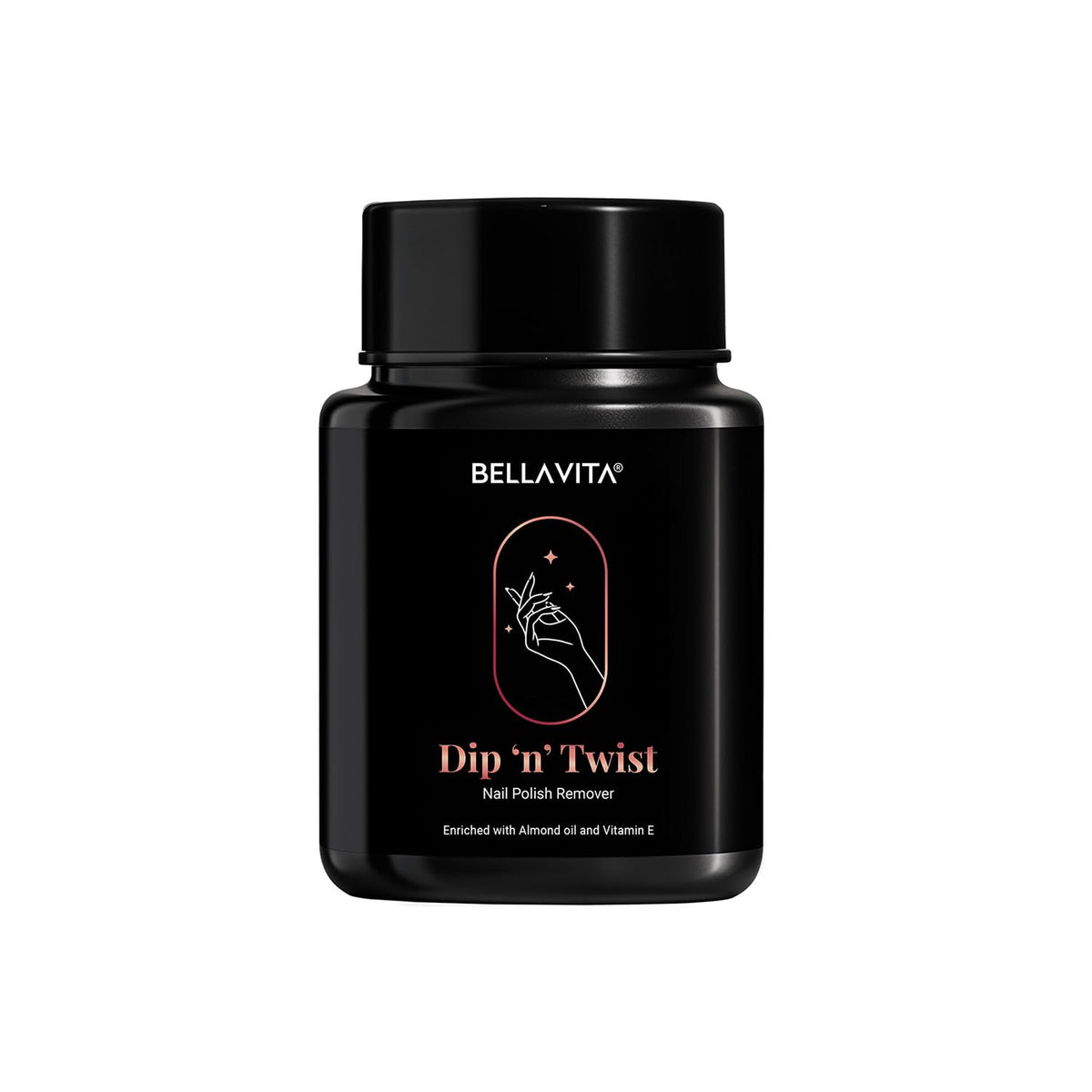 Black bottle of Bellavita Dip 'n' Twist Nail Polish Remover on a white background