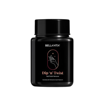 Black bottle of Bellavita Dip 'n' Twist Nail Polish Remover on a white background