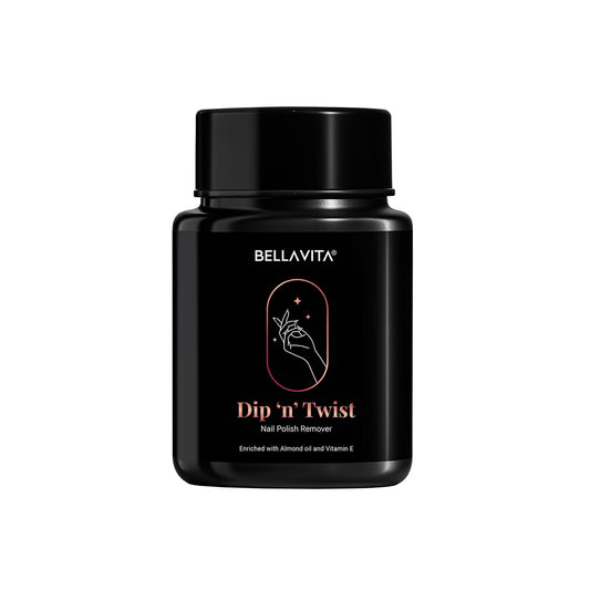 Black bottle of Bellavita Dip 'n' Twist Nail Polish Remover on a white background