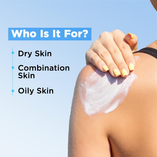 Person applying sunscreen to shoulder with text indicating skin types suitable for use.