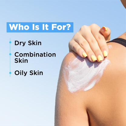 Person applying sunscreen to shoulder with text indicating skin types suitable for use.