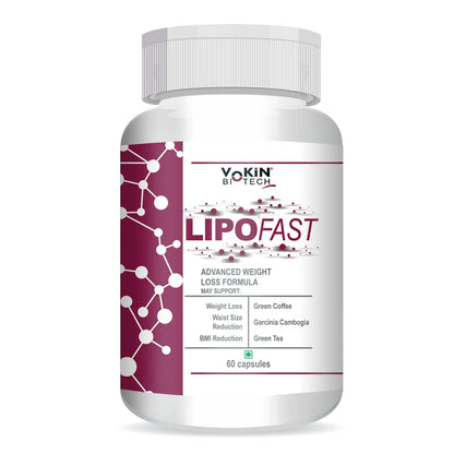 Bottle of Yokin Biotech LipoFast weight loss supplement on a white background
