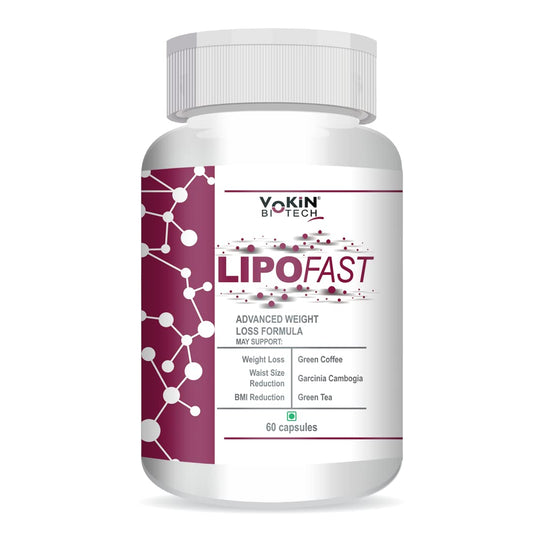 Bottle of Yokin Biotech LipoFast weight loss supplement on a white background