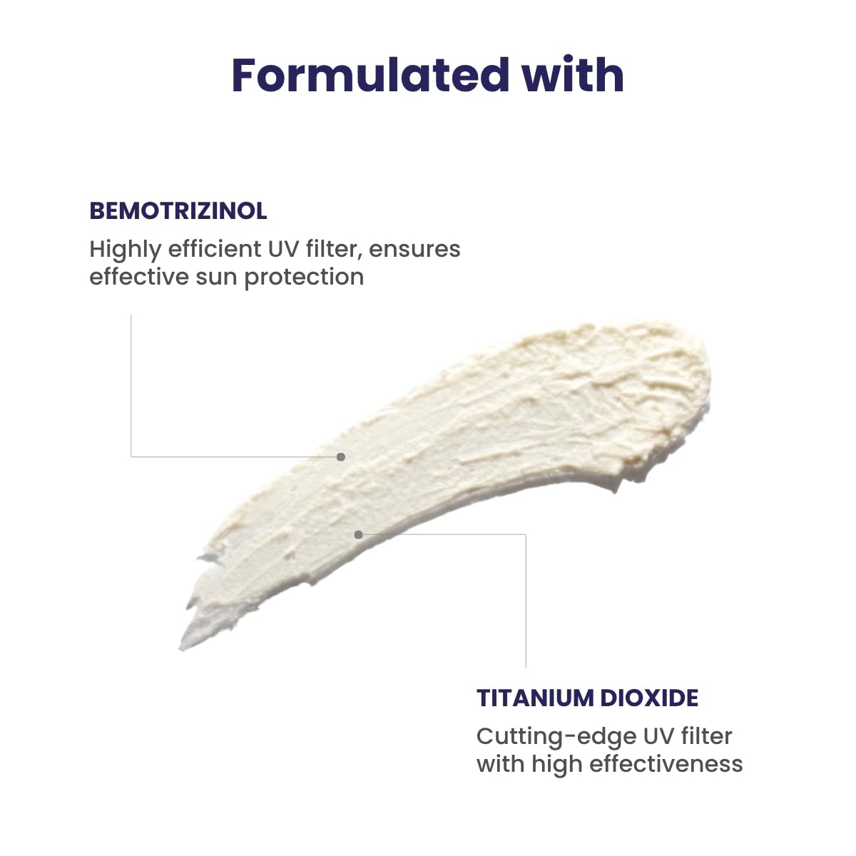 Product swatch with text about Bemotrizinol and Titanium Dioxide for sun protection.