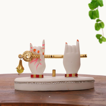 Resin Radha Krishna Idol Hands with Golden Flute & Peacock Feather | for Table, Home D�cor Item