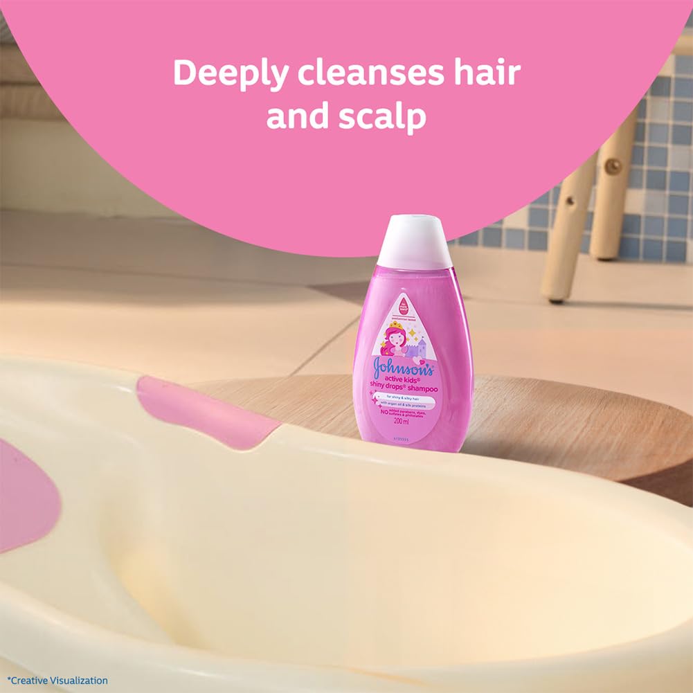 Johnson's Baby Active Kids Shiny Drops Shampoo, 200ml | With Argan Oil & Silk Proteins | For Shiny & Silky Hair |Deeply Cleanses Hair & Scalp | No More Tears Formula | No Added Parabens, Dyes, Sulphates & Pthalates | Paediatrician Tested