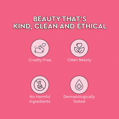 Pink background with icons and text highlighting ethical beauty standards.