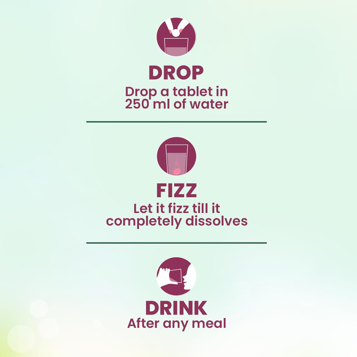 Instructions for dissolving a tablet with icons and text on a gradient background