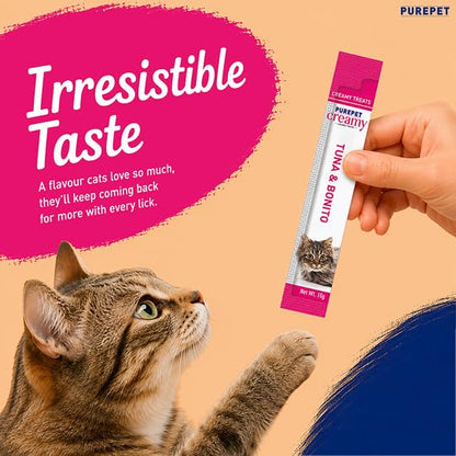 Purepet Creamy Lickable Cat Treats(15g x 24 Pieces) 360g | Tuna & Bonito Flavour | Rich in Protein | Taurine for Heart & Vision | Ideal for Training | Promotes Hydration| for Kitten & Adult Cats
