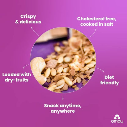 Omay Foods Nutty Mix, 400g Pouch | Brown Rice Chivda with Cashews, Almonds and Watermelon Seeds | Chatpata Trail Mix | Oil Free Roasted Snack | Healthy Namkeen | Weight Loss Snack