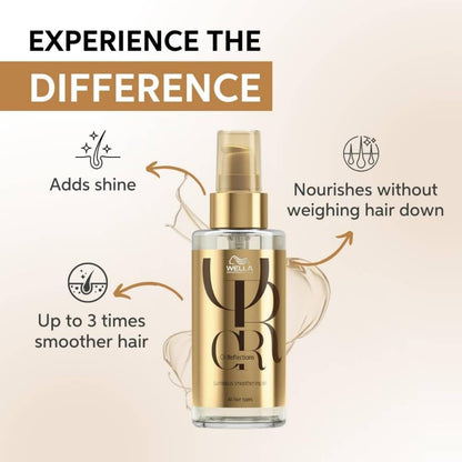 Wella oil bottle with text highlighting benefits on a beige background