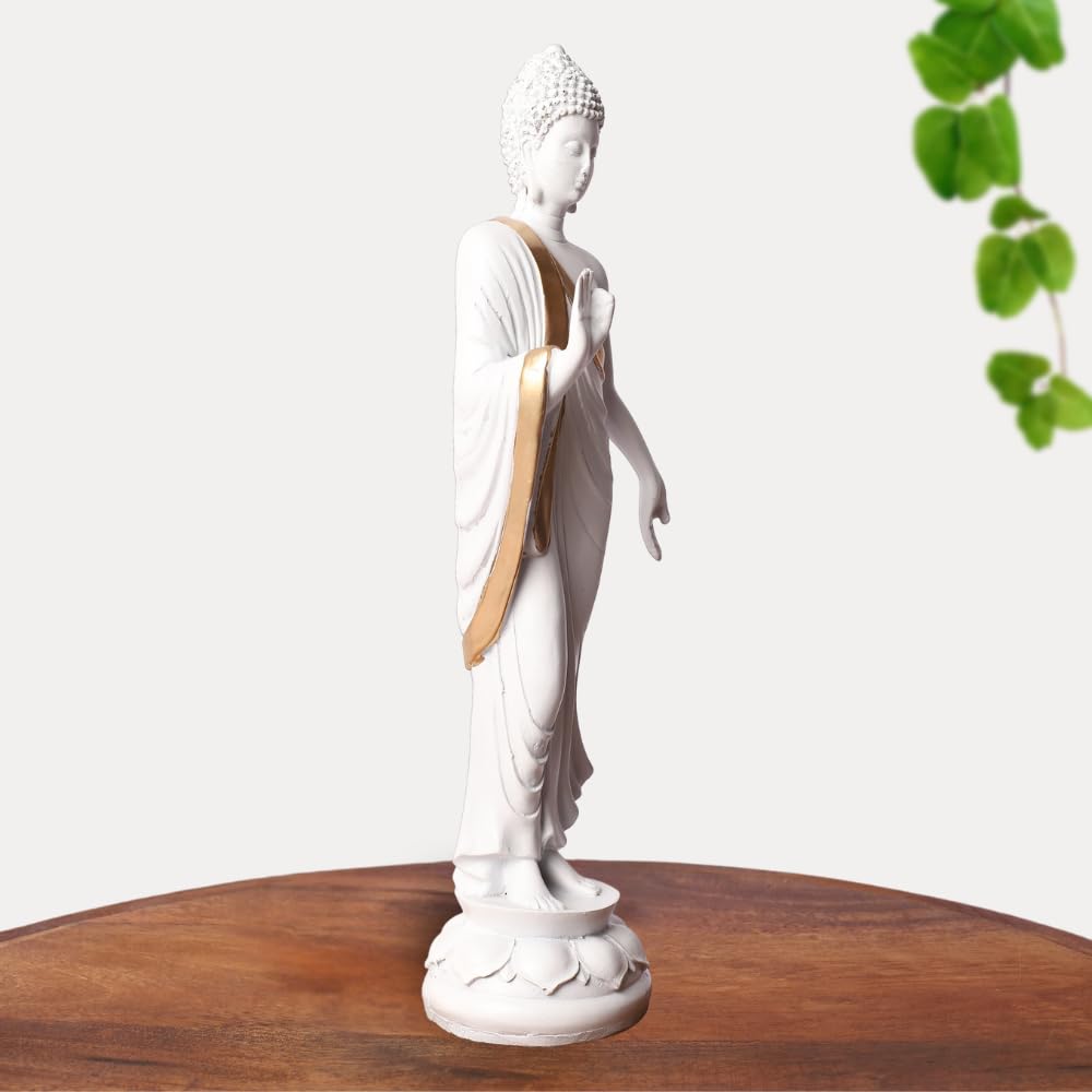 White & Gold Plated Blessing Standing Gautam Buddha Idol Statue | Polyresin Showpiece for Table, Office, Home Decoration Item