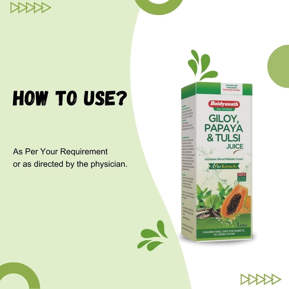 Baidyanath Asli Ayurved Giloy, Papaya & Tulsi Juice - Boost Blood Platelet Count | Ayurvedic Herbal Juice | 1 Ltr