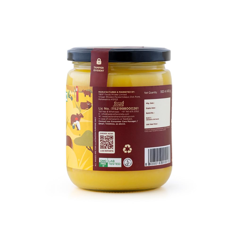 Two Brothers Organic Farms A2 Ghee |Free-grazed, Grass-fed Desi Gir Cows | Traditional Bilona Method | Pure, Natural and Healthy Ghee | Farm-Made A2 Cow Ghee with Probiotics for Gut Health