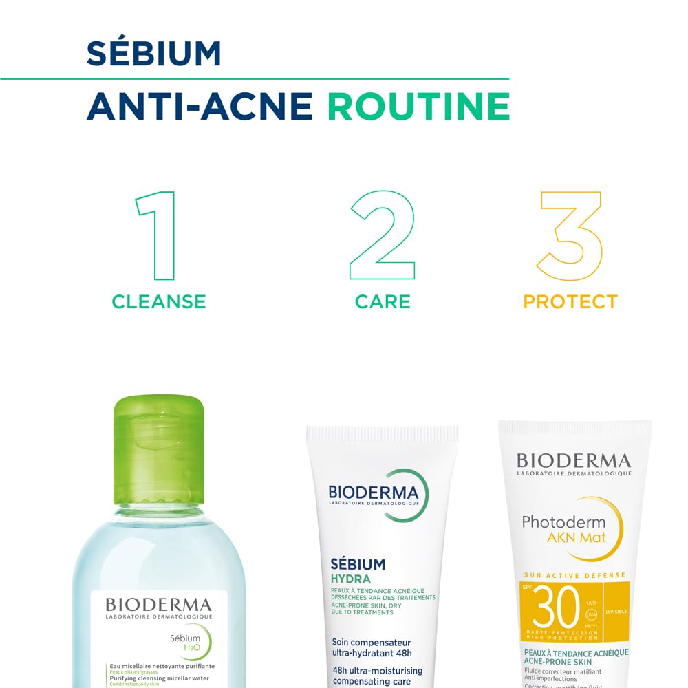 Bioderma Sébium anti-acne routine with cleanse, care, and protect steps on a white background.