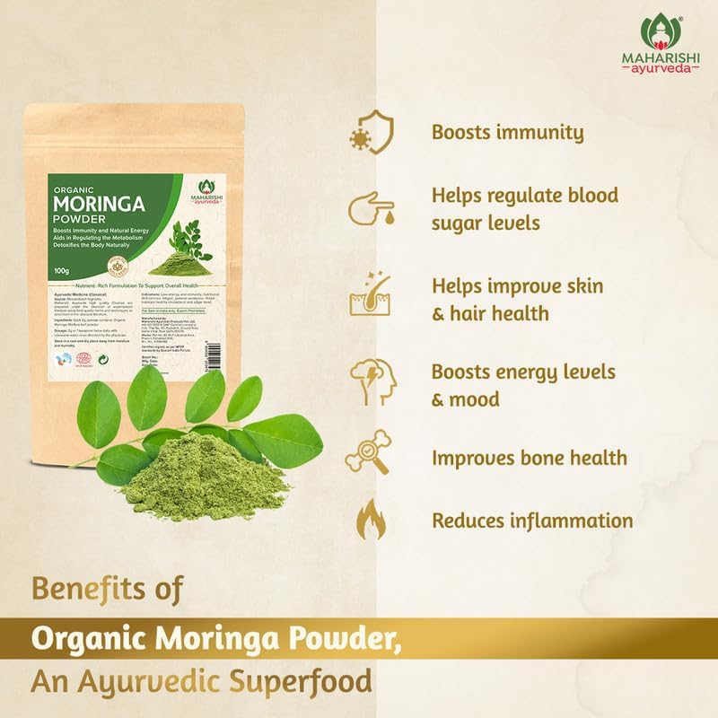 Zephivo Maharishi Ayurveda Organic Moringa Powder , Certified Organic Moringa Churna from Pure Moringa Leaves for Skin & Hair Health, Detoxification and Natural Source of Protein
