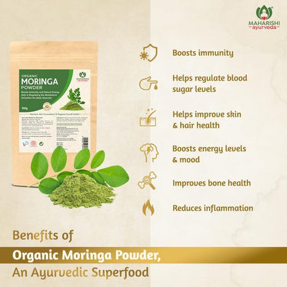 Zephivo Maharishi Ayurveda Organic Moringa Powder , Certified Organic Moringa Churna from Pure Moringa Leaves for Skin & Hair Health, Detoxification and Natural Source of Protein
