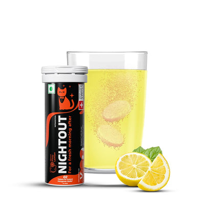 Nightout supplement canister with a glass of lemon water and slices on a white background