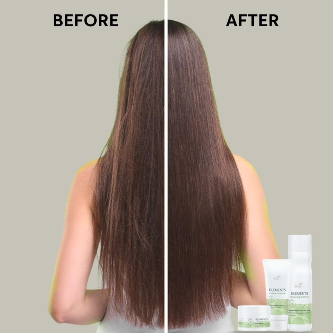 Before and after comparison of hair treatment with visible products on a neutral background
