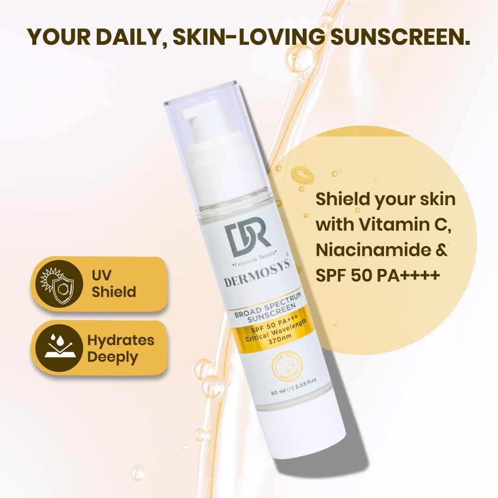 Dermosys Sunscreen SPF 50 PA+++ | 50ml Organic & Non Comedogenic SunscreenSPF50 | UVA, UVB & Blue Light Protection | With Hyaluronic Acid & Vitamin C | No White Cast | For All Skin Types