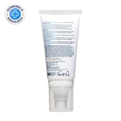 White skincare tube with label on a white background, featuring a dermatologist recommendation badge.