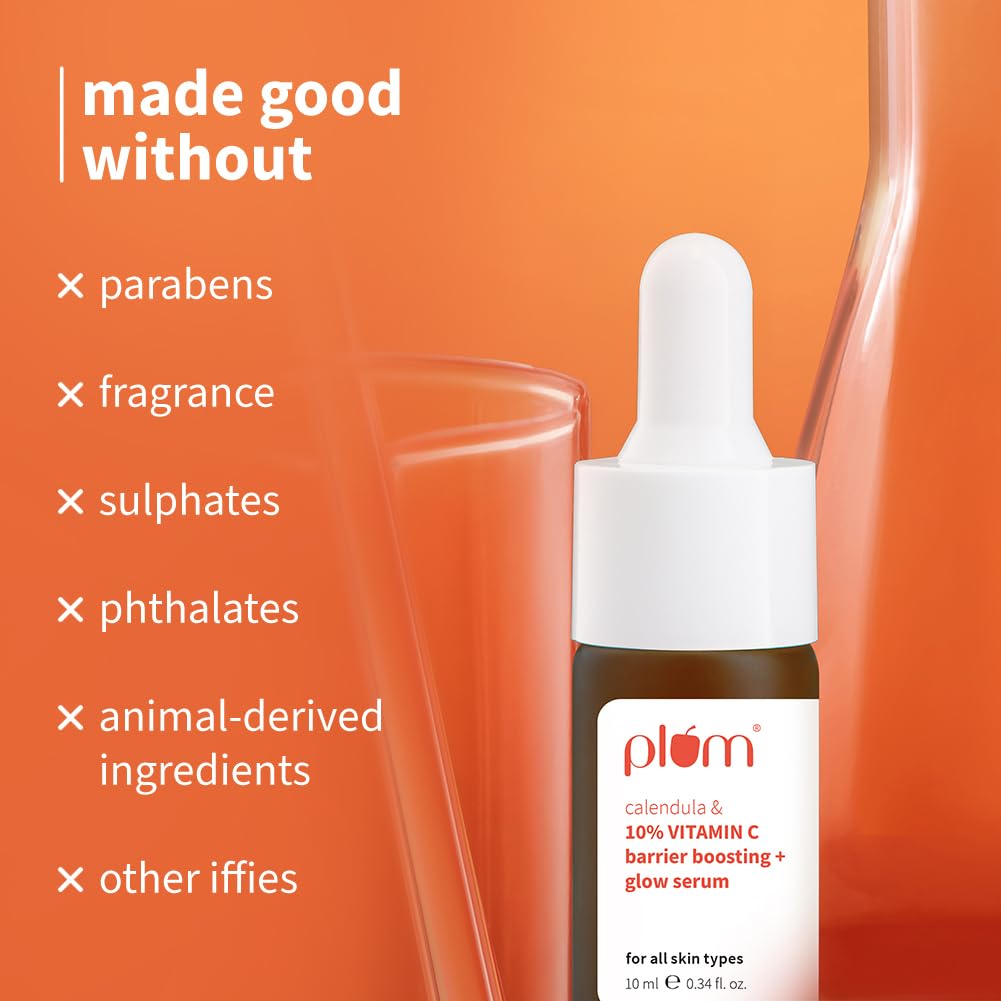 Plum 10% Vitamin C & Calendula Barrier Boosting + Glow Serum 10ml | 3% Niacinamide, 1% Hyaluronic Acid & Ceramide Complex | Reduces Pigmentation & Dark Spots | Boosts Glow | For Men & Women | All Skin Types