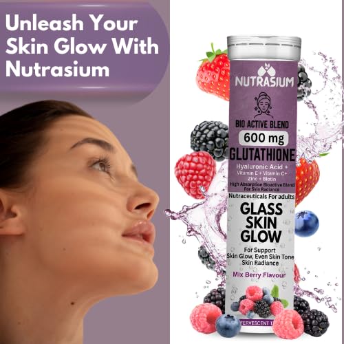 Nutrasium Glutathione Tablets for Skin Glow & Even Skin Tone | 600 mg L-Glutathione Reduced with Hyaluronic Acid, Vitamin C & E, Zinc & Biotin | 15 Effervescent Tablets, Mixed Berry Flavour