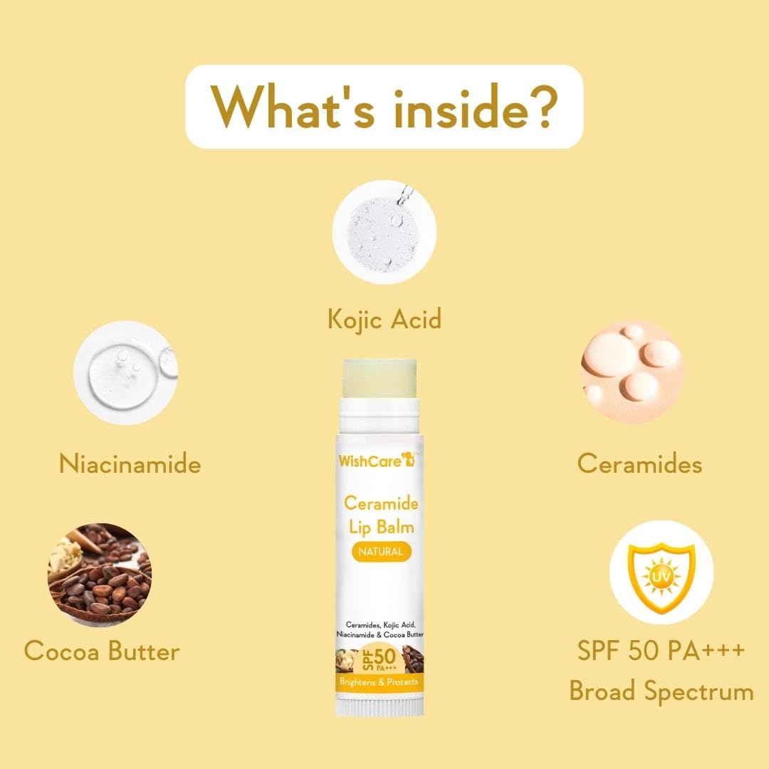 Lip balm with ingredients listed on a yellow background