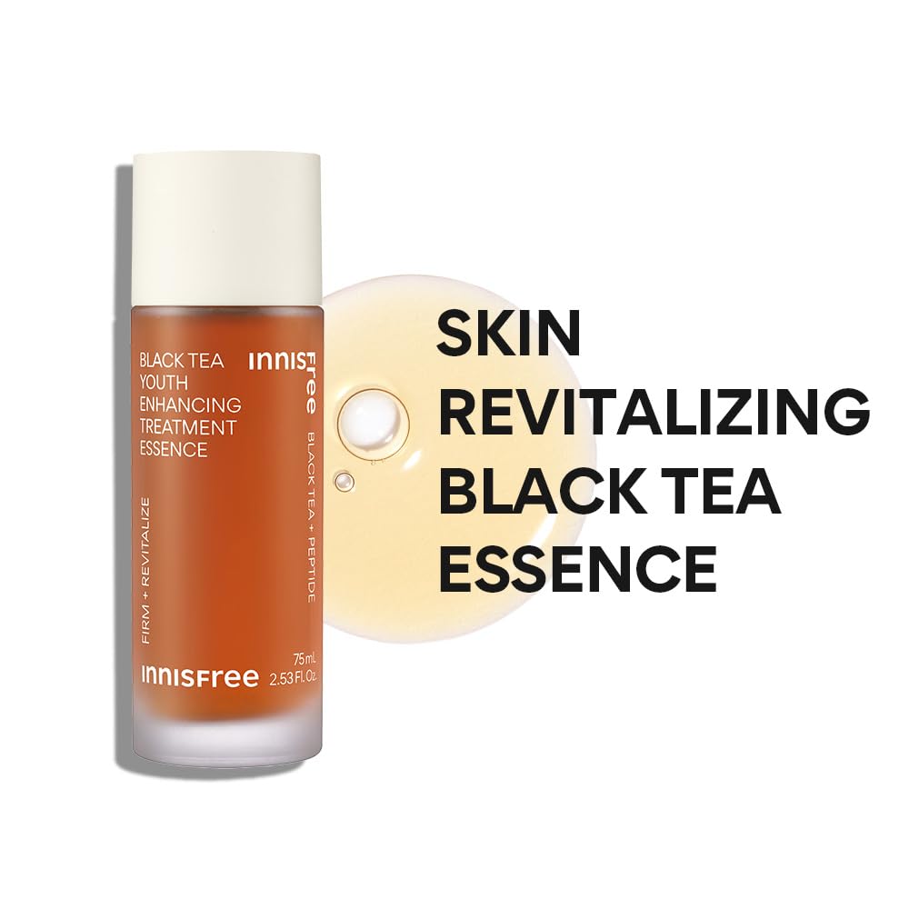 Innisfree Black Tea Youth Enhancing Treatment Essence bottle with text on a white background