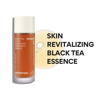 Innisfree Black Tea Youth Enhancing Treatment Essence bottle with text on a white background