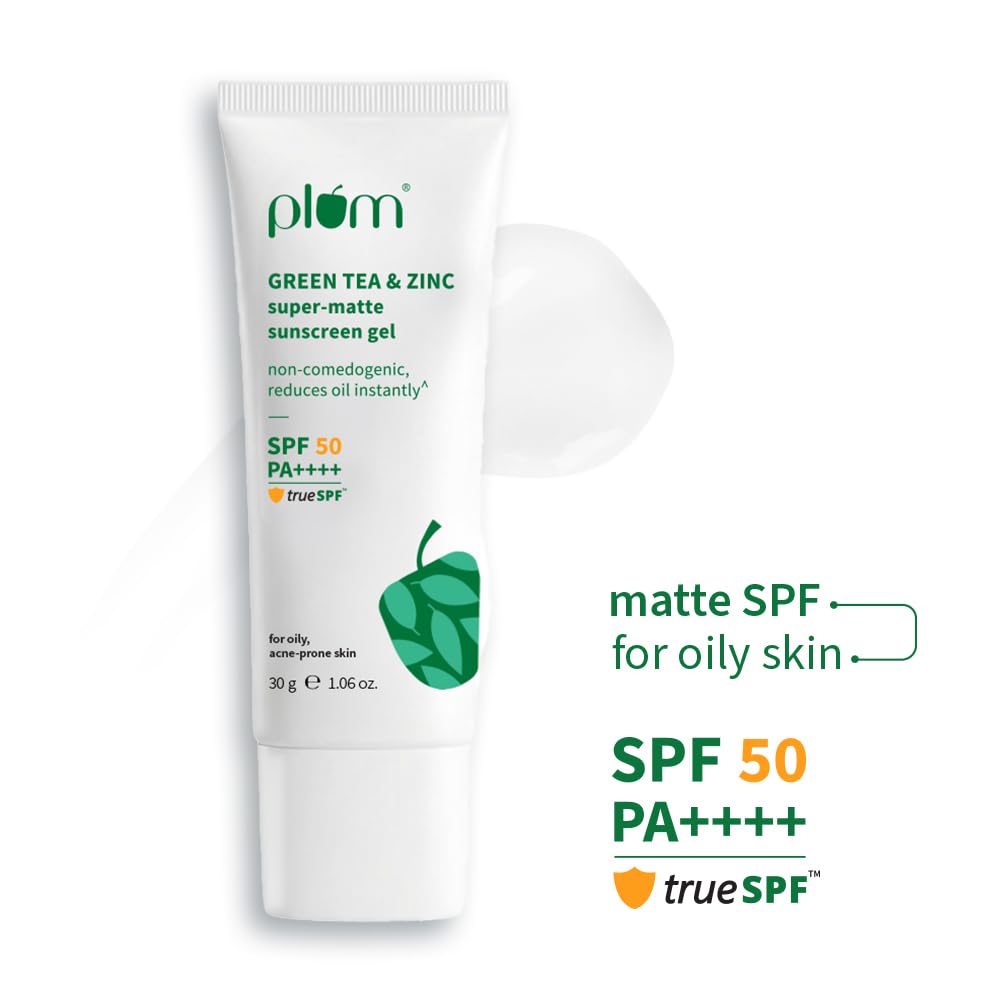 Plum Green Tea & Zinc Super-Matte Gel Sunscreen SPF 50 PA ++++ 30 g | Formulated for Oily, Combination and Acne Prone Skin | Protects & Controls Oil | Lightweight, No White Cast & Non-Sticky