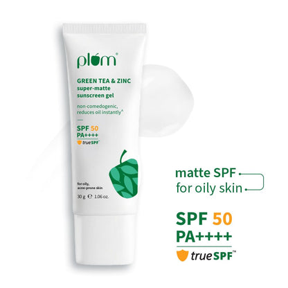 Plum Green Tea & Zinc Super-Matte Gel Sunscreen SPF 50 PA ++++ 30 g | Formulated for Oily, Combination and Acne Prone Skin | Protects & Controls Oil | Lightweight, No White Cast & Non-Sticky