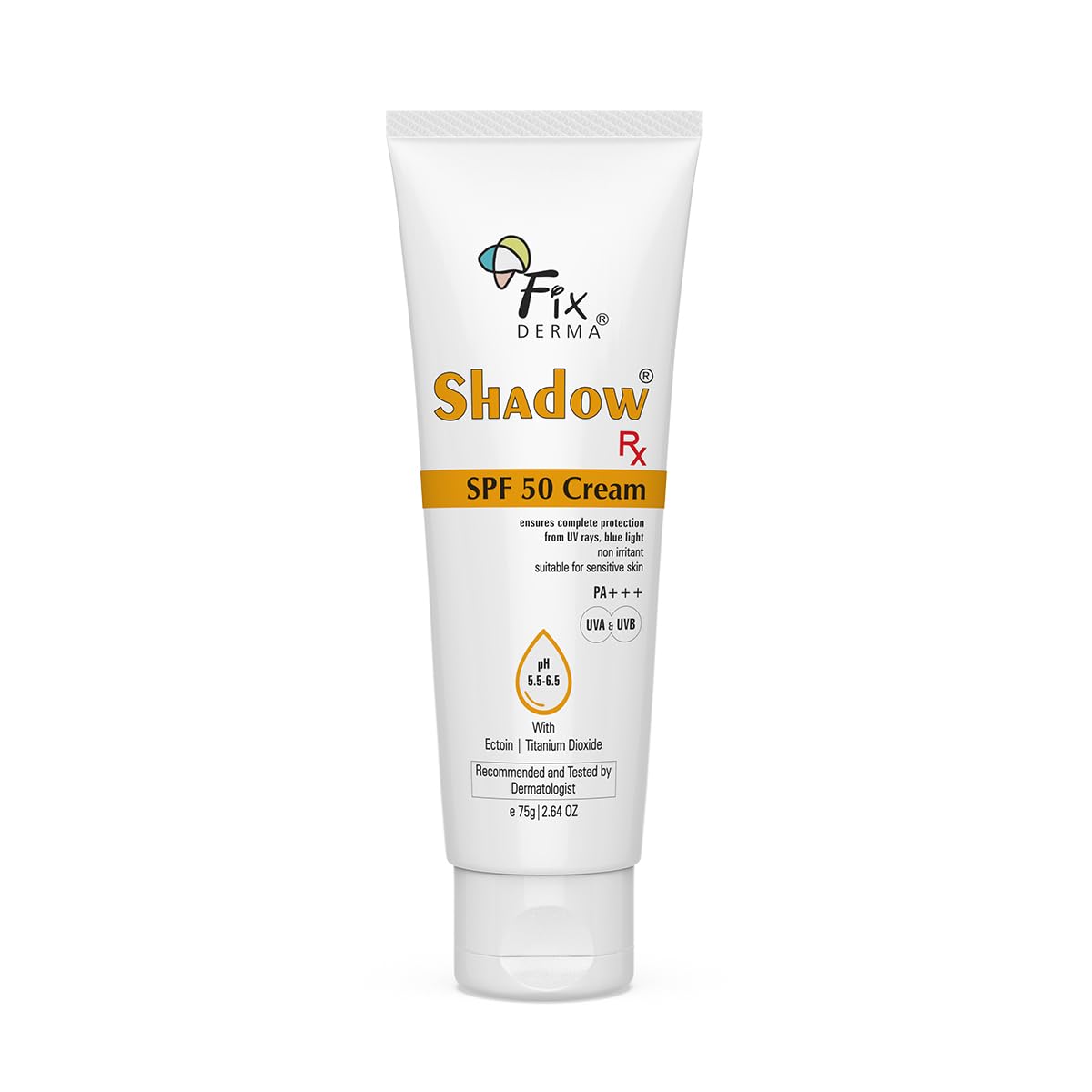 Fixderma Shadow Sunscreen SPF 50 Cream For Sensitive Skin, Protects the Skin from UV Rays, Blue Light, Pollution, Premature Aging & Sunburn, Long-Lasting, Non Greasy, Sunscreen for Women & Men - 75gm