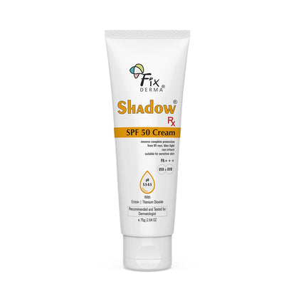 Fixderma Shadow Sunscreen SPF 50 Cream For Sensitive Skin, Protects the Skin from UV Rays, Blue Light, Pollution, Premature Aging & Sunburn, Long-Lasting, Non Greasy, Sunscreen for Women & Men - 75gm