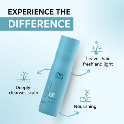Wella shampoo bottle with product benefits on a light blue background
