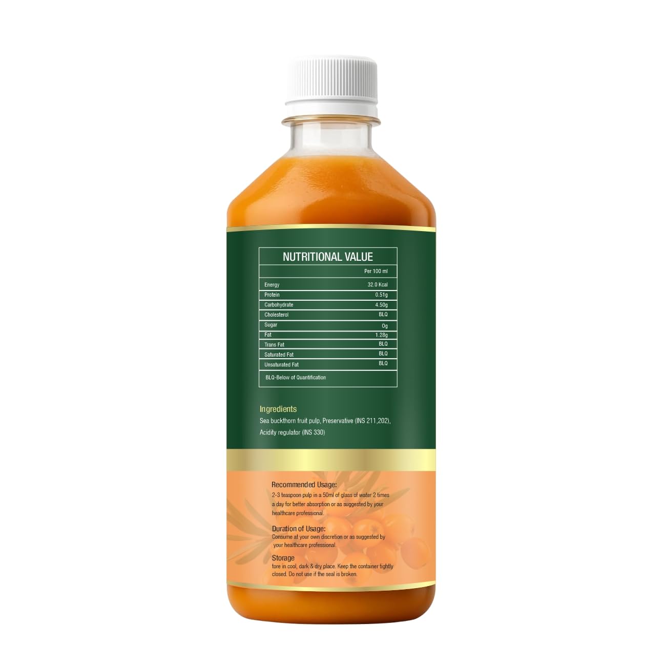 Bottle of juice with a green label displaying nutritional information on a white background
