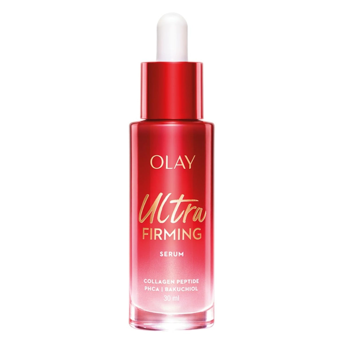 Olay Ultra Firming Serum bottle on a white background