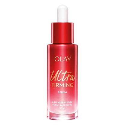Olay Ultra Firming Serum bottle on a white background