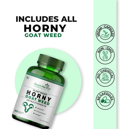 Simply Herbal Horny Goat Weed Capsules for Men & Women | With Maca Root, Tongkat Ali & Ginseng | 800mg per Serving | 60 Vegan Capsules | Energy, Vitality & Endurance Support Supplement