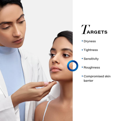 Woman being examined by a doctor with a list of skin conditions on the right.